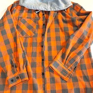 Amazon Orange and Gray Plaid Hoodie Shirt L